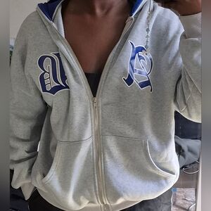 Gray Zip-Up Hoodie with Blue Lettering